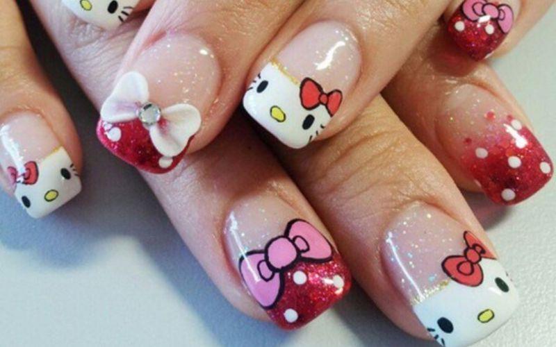 Mẫu nail hồng mèo kitty dễ thương