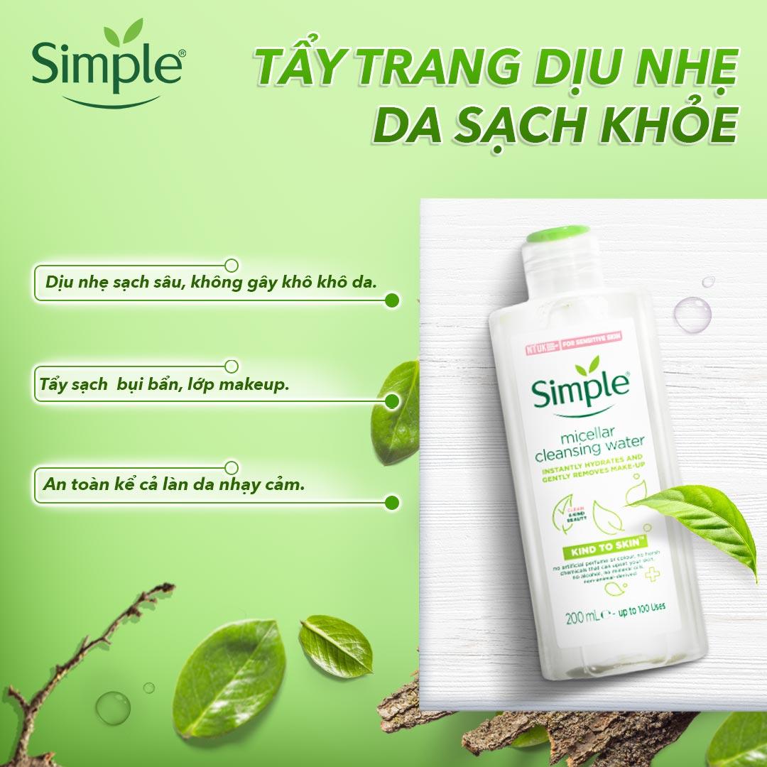 Nước Tẩy Trang Simple Làm Sạch Trang Điểm Vượt Trội 200ml - Kind To Skin Micellar Cleansing Water