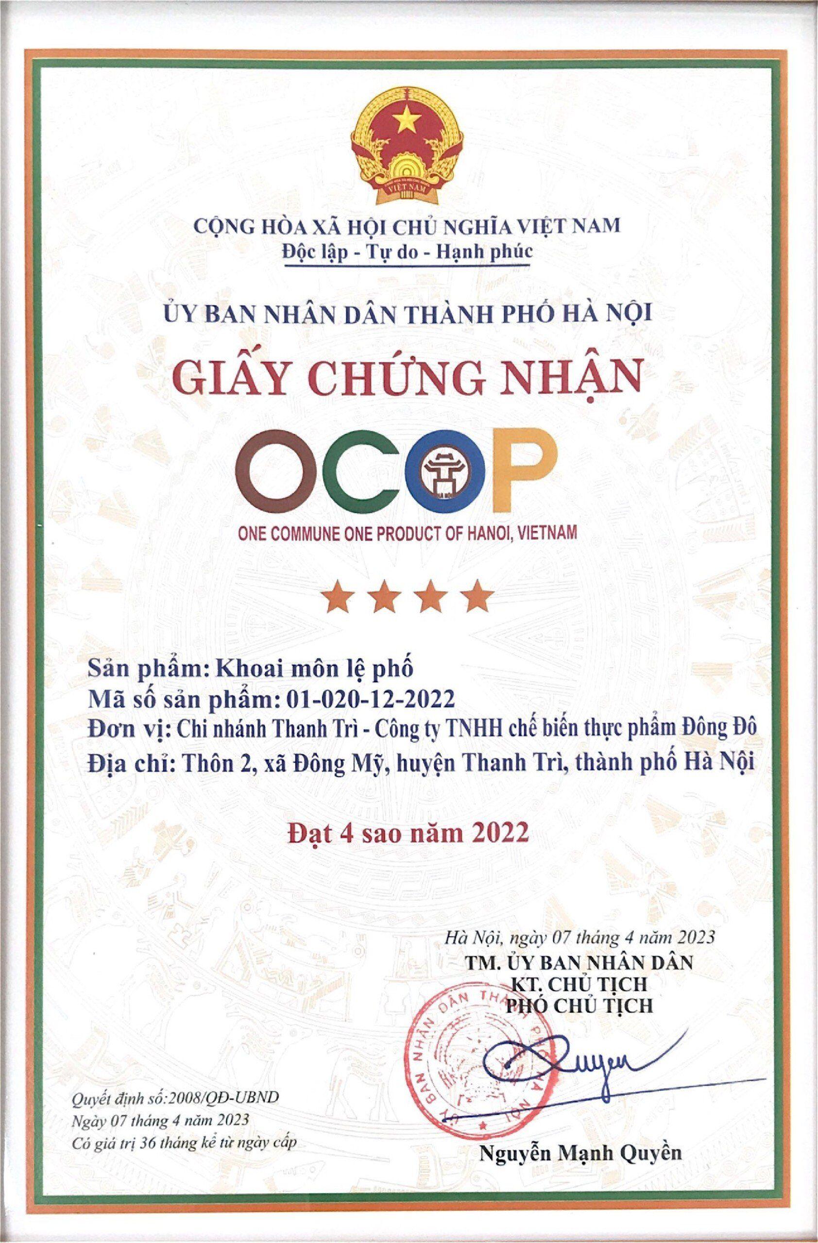 Giấy chứng nhận OCOP của sản phẩm khoai môn lệ phố