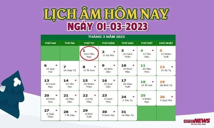Lịch âm 1/3 - Tra cứu lịch âm hôm nay thứ Tư ngày 1/3/2023 - 1