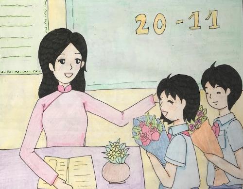 Bức tranh vẽ thầy cô giáo và học sinh trong lớp học ngày 20 tháng 11 ý nghĩa