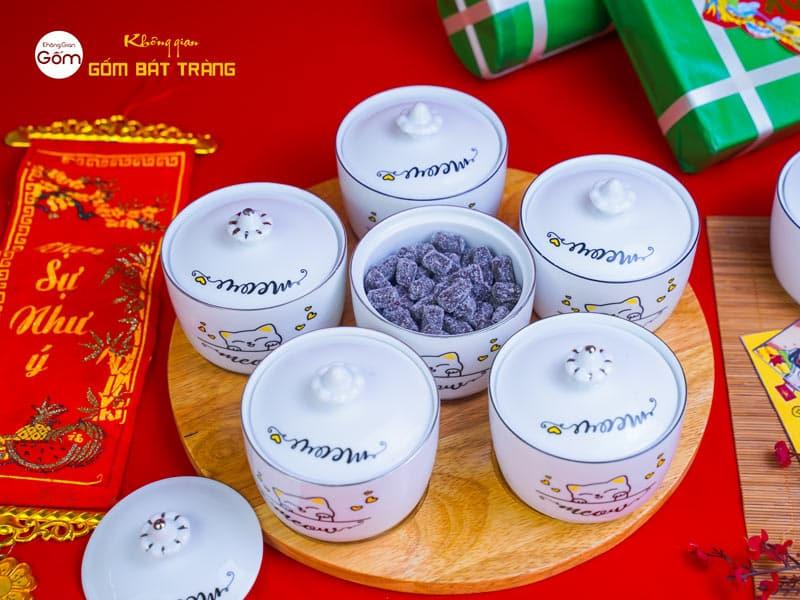 Bộ 6 Hũ Đựng Bánh Kẹo Mứt Tết Vẽ Mèo + Khay Tròn