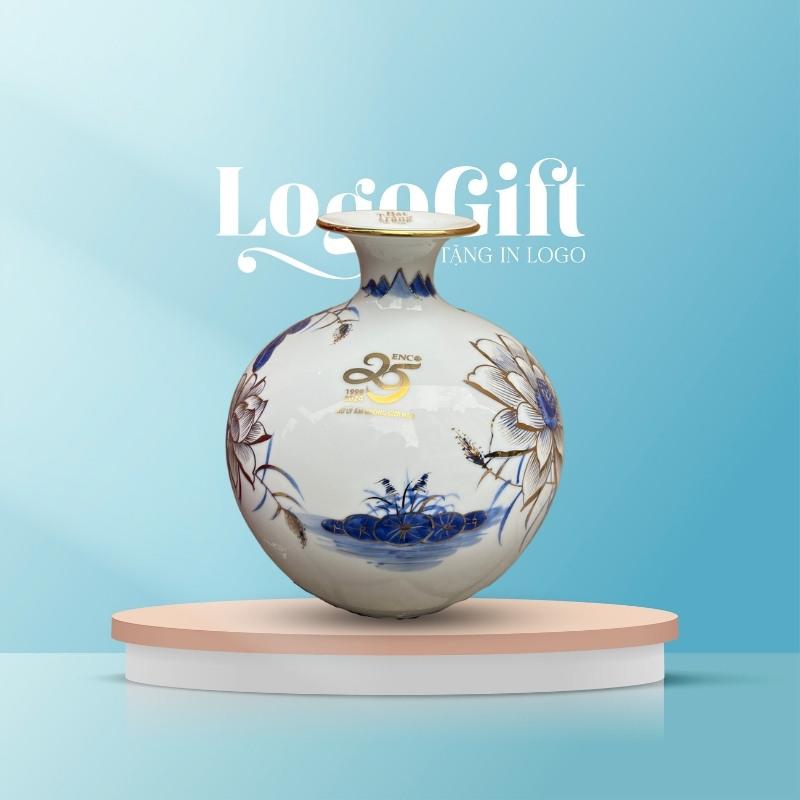 Bình hút lộc quà tặng in logo màu trắng họa tiết hoa sen viền vàng kim 18cm LG-BHL01