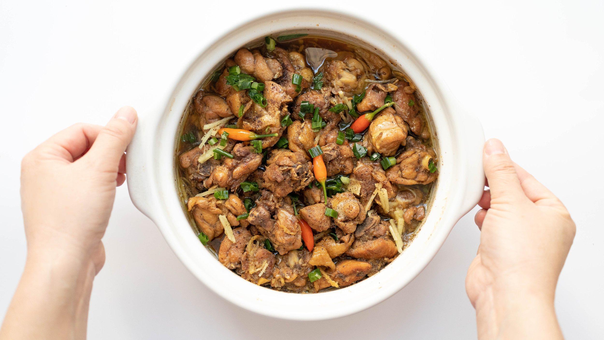 Vietnamese ginger chicken (gà kho gừng) served in a clay pot