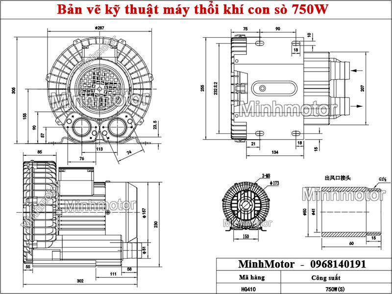 Bản vẽ kích thước máy thổi khí con sò 750w